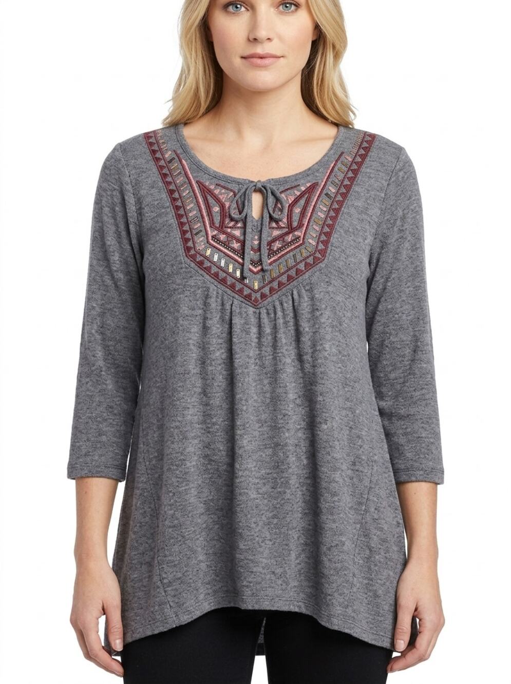 Hollister Gray Embroidered Beaded Scoop Neck Knit Top Women Size M